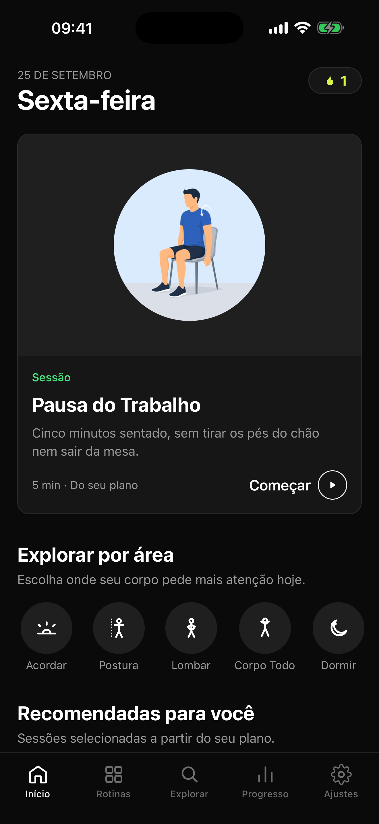 Tela do app Alonga com a sessão Pausa do Trabalho e opções para explorar alongamentos por área.